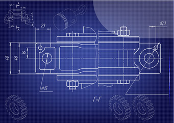 Machine-building drawings on a blue background