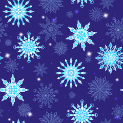 Fototapeta na wymiar Seamless pattern on the theme of winter and winter holidays, the contour of the snowflake and sters, white snowflakes on a blue background