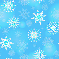 Naklejki  Seamless pattern on the theme of winter and winter holidays, the contour of the snowflake and flare, white snowflakes on a blue background