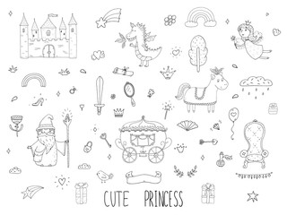 Cute cartoon princess collection . Doodle fairytale set for kids. Hand drawn vector illustration isolated on white.