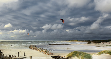Kiteboarding on the Baltic Sea coast in Lithuania.