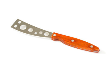 cheese knife with a wooden handle over white