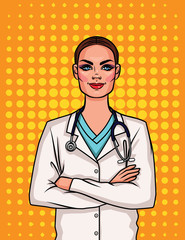 Portrait of a young female doctor in uniform. Happy woman doctor crossed her arms over her chest.