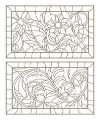 Set contour illustrations of stained glass with abstract swirls and flowers in frames, horizontal orientation