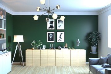 Modern living room with green wall