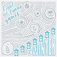 Winter card. The Lettering - Light and funny games is winter. New Year / Christmas design. Handwritten swirl pattern.