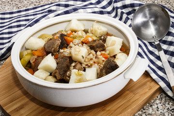 irish beef and barley stew in a terrine
