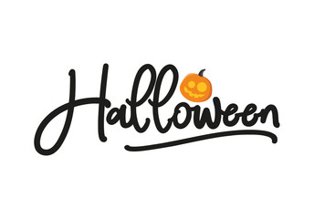 Happy Halloween vector lettering. Holiday calligraphy with pumpkin for banner, poster, greeting card, party invitation. Vector illustration.