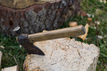 Close up piture of chopping firewood, country photo with wood and axe 
