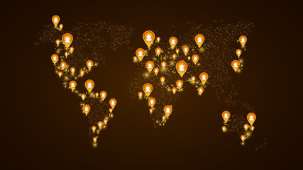Geolocation of users on the world map. Planet Earth. America, Asia, Africa, USA. Orange markers with user icons. Map of points. Global network. The world population. Yellow glow. Vector