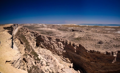 Panorama view to Aral sea from the rim of Plateau Ustyurt near Duana cape in Karakalpakstan, Uzbekistan