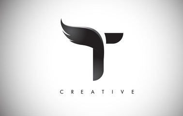 T Letter Wings Logo Design with Black Bird Fly Wing Icon.
