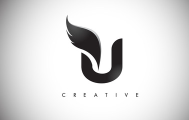 U Letter Wings Logo Design with Black Bird Fly Wing Icon. © twindesigner