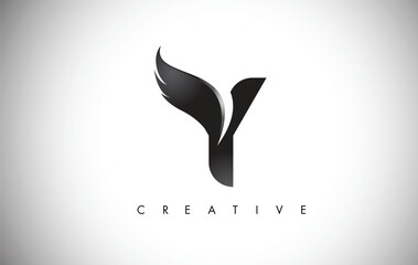 Y Letter Wings Logo Design with Black Bird Fly Wing Icon. - obrazy, fototapety, plakaty