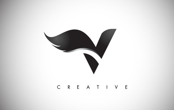 V Letter Wings Logo Design with Black Bird Fly Wing Icon.