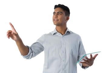Man pretending to touch an invisible screen