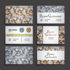 Set of card templates with cute cartoon cats and dogs with different emotions.
