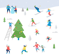 Winter sport scene, Christmas street event, festival and fair, with people, families make fun