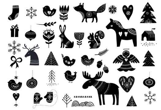 Christmas illustrations, hand drawn elements in Scandinavian style