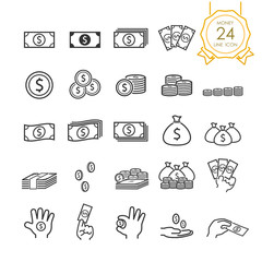 Set of banknote, coin, money bag and money in hand line icon for website, infographic or business, simple symbol. Vector illustration (Editable Stroke)