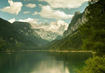 Vorderer Gosausee in Austria in summer, reflection in water, Dachstein