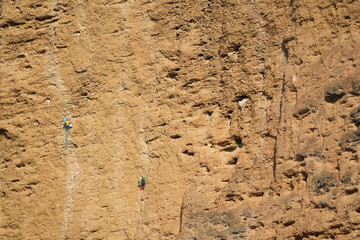 Group of male climbers hanging by a cliff