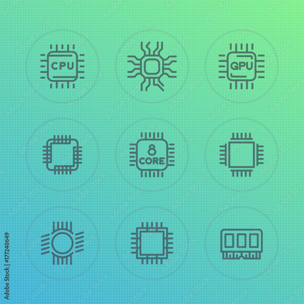 Poster chipset, cpu line icons set, microchip, gpu, 8 core processor, memory chip transparent signs