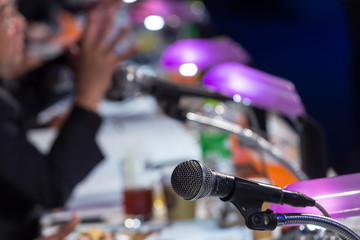 Microphone in the  conference hall or seminar room background. meeting room, seminar, event, business,  hall,  presentation, exhibition