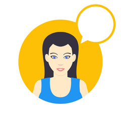 flat style female character with empty speech bubble, smiling girl in blue shirt