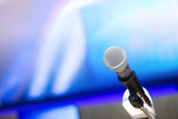 Microphone in the  conference hall or seminar room background. meeting room, seminar, event, business,  hall,  presentation, exhibition