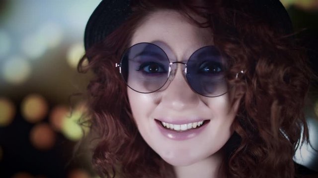 4k Close-up Hipster Woman Face with Sunglasses