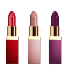 Realistic lipsticks cosmetics on white background. Red and Nude Pastel Color collection. Cosmetic packaging, ad, mock up