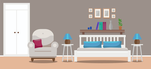 Light bedroom interior with double bed, tables, a chair, a wardrobe. Flat style vector illustration, design template