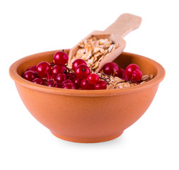 dry flakes with red berries and wooden spoon on white background