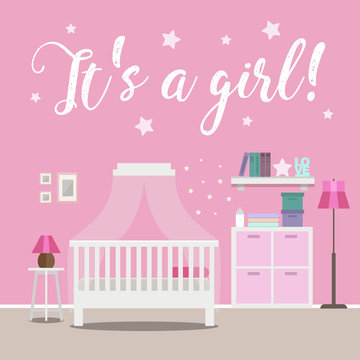 It's a Girl! Baby shower invitation, nursery interior, flat style vector illustration template
