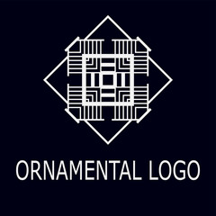 Ornamental white geometrical logo on dark background. Template for design. Vector illustration eps10
