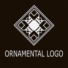 Ornamental white geometrical logo on dark background. Template for design. Vector illustration eps10