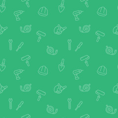 seamless pattern with construction tools and equipment icons in linear style, green background, vector illustration