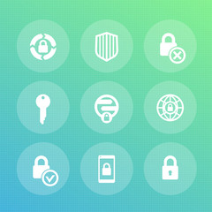 Security icons set, secure transaction, online safety, key, lock, shield