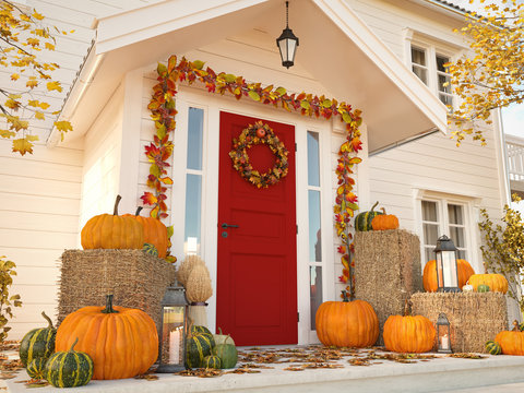 Autumn Decorated House With Pumpkins And Hay. 3d Rendering