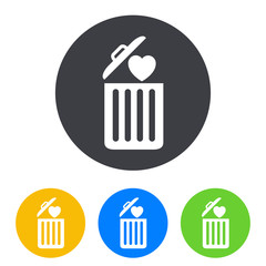 Icono plano corazon en basura en circulo varios colores