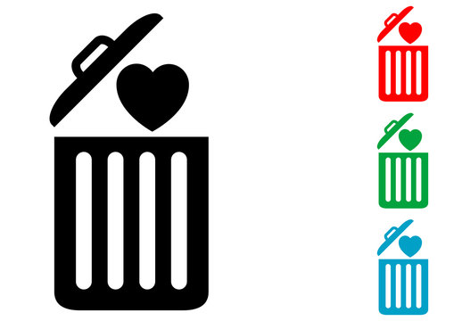 Icono plano corazon en basura varios colores