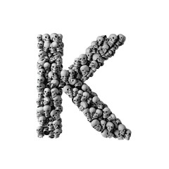 Skull font letter K. Letter made from lots of skulls. 3D Rendering 