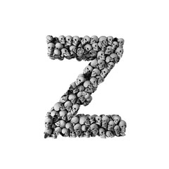 Skull font letter Z. Letter made from lots of skulls. 3D Rendering 