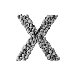 Skull font letter X. Letter made from lots of skulls. 3D Rendering 