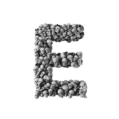 Skull font letter E. Letter made from lots of skulls. 3D Rendering 