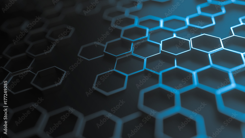 Poster blue abstract hexagonal geometric background. structure of a many number of shining metal hexagons o