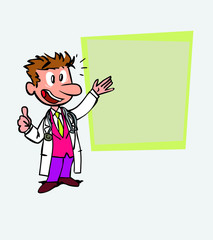Happy white doctor makes the gesture of ok. Is showing, as in a presentation, the data you want.