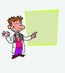 Happy white doctor makes the gesture of ok. Is showing, as in a presentation, the data you want.