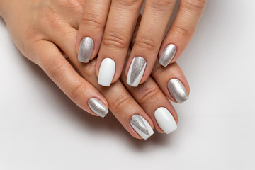 white silver manicure with triangles on square long nails 